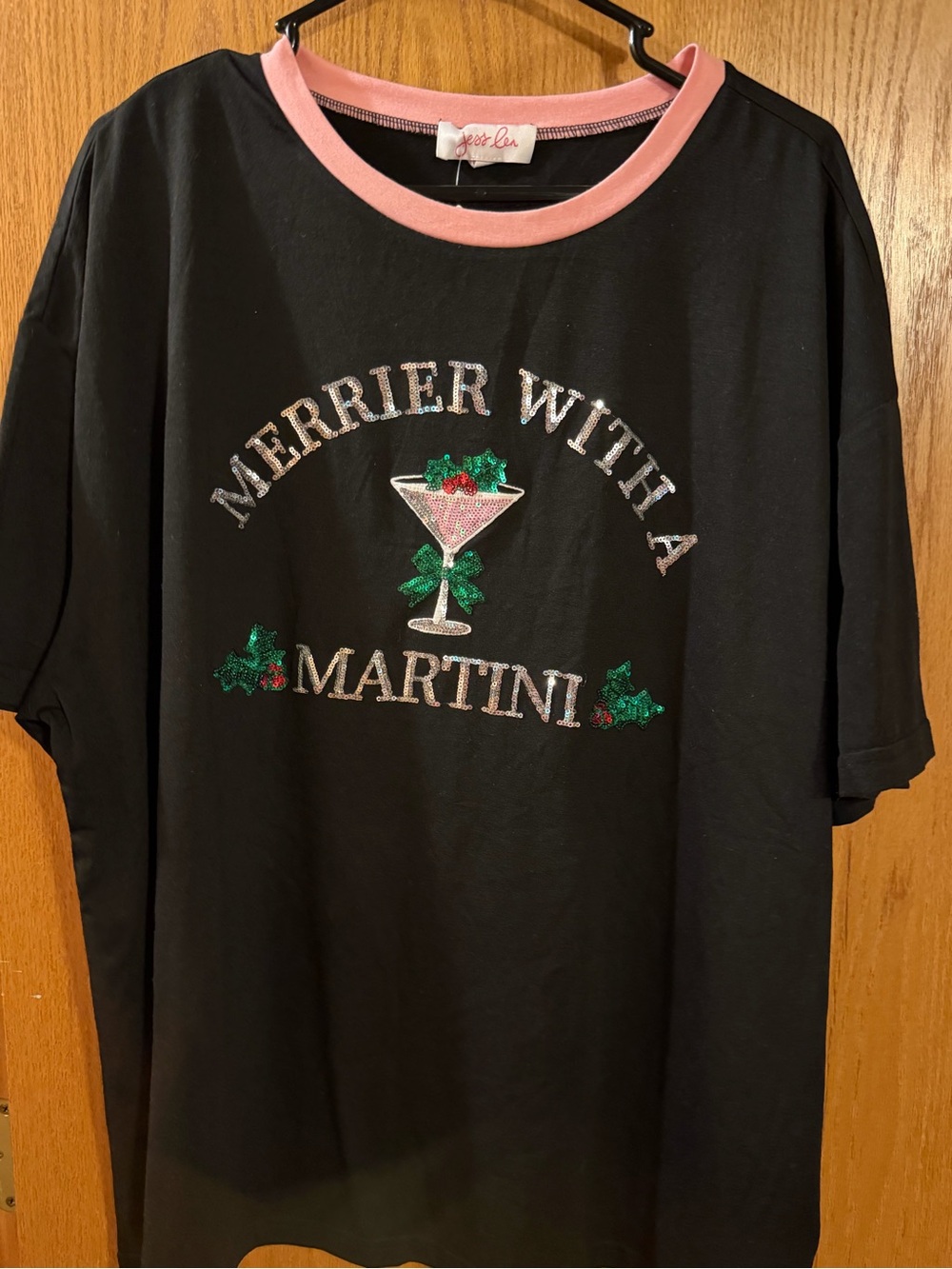 Black Graphic Short-Sleeve Tee with Pink Collar — Jess Lea